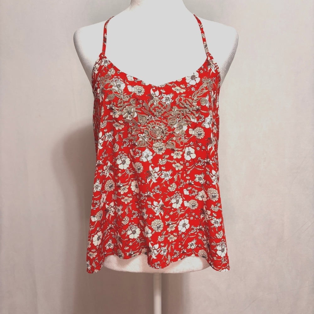 Hollister‎ Floral Embroidered Cami Tank Top Womens S Red Boho Festival Casual